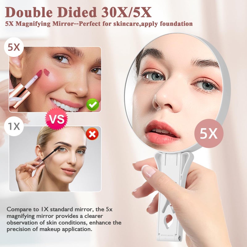 Suupvaor Magnifying Mirror 30X/5X Double Sided Hand Mirror Precision Makeup at 30X Magnification & Overall View at 5X Travel Handheld Magnified Makeup Mirror with Handle & Table Stand  Vanity Cosmetic Mirror - Image 3